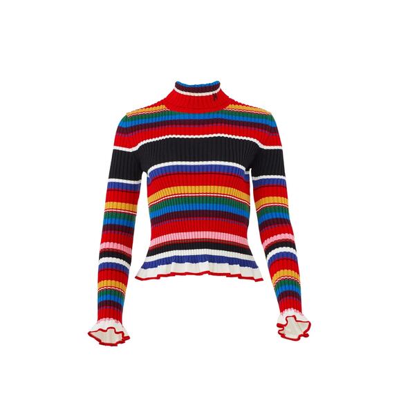 MSGM Rainbow Multicolored Striped Knit Ruffle Bell Sleeve Turtleneck Sweater XS - Picture 4 of 16
